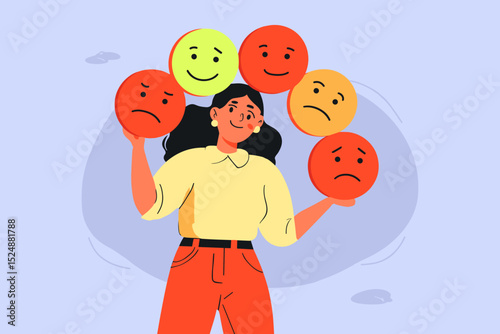 Woman Juggling Emotions: A young woman skillfully balances various emotion icons, symbolizing the complexities of human feelings and emotional intelligence.