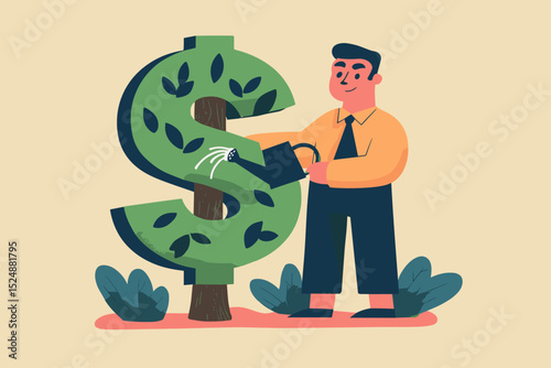 Nurturing Financial Growth: A diligent individual waters a blossoming dollar sign, symbolizing the cultivation and growth of wealth and investment with an illustrated style.