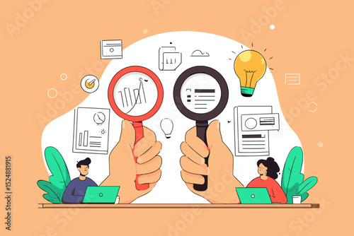 Business Insights: Two hands meticulously analyze data, with a strategic approach to illuminate key insights through a pair of magnifying glasses.