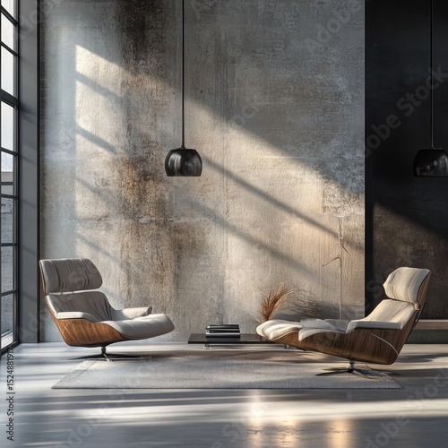 Sunlit minimalist living room with two leather armchairs, a low table, and a textured wall