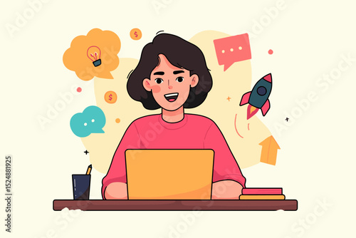 Ideas on the Screen: A vibrant illustration of a young person engrossed in their computer, surrounded by icons of innovation, communication, and success, the image captures the essence of creativity.