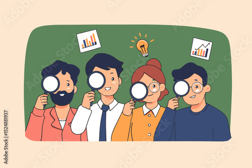 Analysing a New Perspective: A team of professionals is captivated, they are united in their exploration through magnifying glass looking for new perspective.