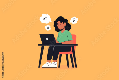Digital Visionary: A woman, engrossed in her laptop, her thoughts visualized in playful thought bubbles, embodying a modern approach to work and thought process.