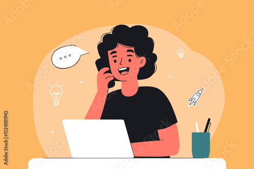 Telecommunication and Conceptual Creativity: Illustration of an individual immersed in work.  A person engaged in telecommunications, utilizing a laptop.