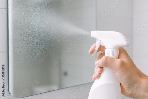 Hand spraying cleaning solution on mirror for streak-free shine