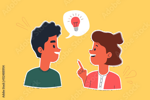 Creative Collaboration: Two smiling individuals brainstorm innovative ideas, represented by a light bulb above them, symbolizing teamwork and creative problem-solving.