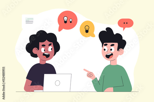 Collaborative Insight: Two individuals engage in a lively brainstorming session, ideas illuminating their thought bubbles as they work together on a shared laptop, with a light pastel background.