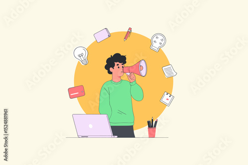 Announcing Big News: A young man uses a megaphone to announce exciting news, surrounded by laptop, stationery, and lightbulb ideas.