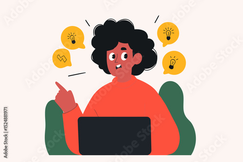 Creative Spark: A dynamic graphic depicting a person deep in thought, surrounded by lightbulb speech bubbles that symbolize innovation and ideas, offering a glimpse into the creative process.