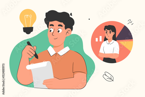 Brainstorming & Data Analysis: A graphic of a man generating ideas, brainstorming for a project and a woman thinking about a project's data analysis.