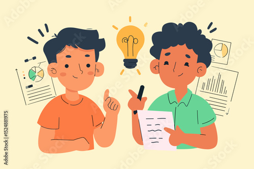 Brainstorming Brilliance: Two individuals collaboratively explore creative ideas and innovative solutions, symbolizing the essence of teamwork and forward-thinking concept.