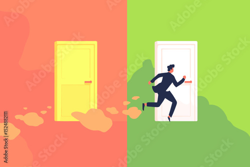 Dual Path Choices: An illustration of a business person choosing one way, divided into two distinct worlds, one filled with opportunity and another with uncertainty. Reflecting on pivotal decisions.