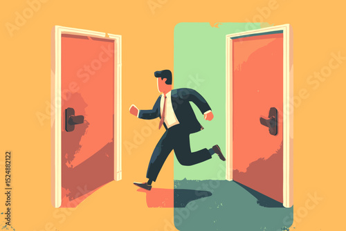 Navigating Choice: A stylized image of a businessman in motion, symbolizing a critical juncture, he is facing two doors representing pivotal options, embodying decision-making.