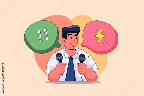 Debate and Discussion Illustration: A dynamic illustration showcases a person in the heart of a debate, surrounded by speech bubbles, symbolizing the essence of communication and viewpoints.