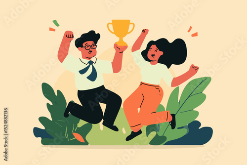 Triumphant Celebration: Illustration of two figures jubilantly celebrating their victory, holding a trophy in a lively and spirited illustration of success, victory, achievement.