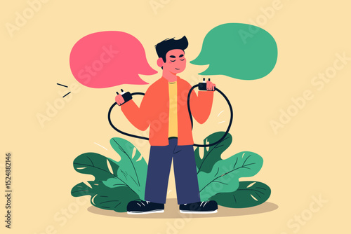 Disconnecting from Communication: A thoughtful illustration of a person holding disconnected cables, with speech bubbles signifying the choice to sever ties in communication.