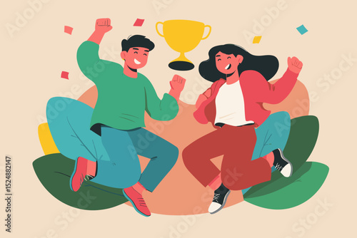 Triumphant Couple Celebrate Achievement: Capturing the jubilant essence of success, a vector illustration depicts a dynamic pair celebrating a gold trophy, embodying achievement and happiness.