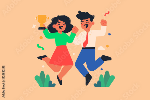 Achievement Celebration: A vector illustration of two joyous individuals celebrating success, one holding a golden trophy, embodying achievement and partnership in a vibrant, graphic style.