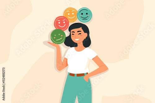 Mood Management: A young lady carefully balances emotional icon, exemplifying mindfulness and emotional intelligence in managing her mental states.