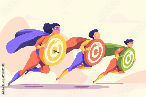 Superheroes on a Mission: Dynamic illustration of empowered figures, each embodying strength and precision as they charge forward. Armed with targets.