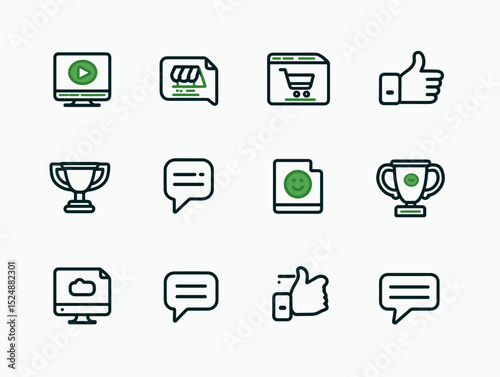 E-commerce Icon Set: A collection of twelve modern, minimalist icons representing key aspects of e-commerce, including video marketing, online shopping, customer feedback, and achievement.