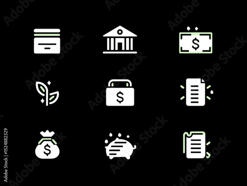 Finance Icons Set: A collection of minimalistic, isolated icons representing diverse financial concepts, perfect for illustrating various aspects of money management and economic themes.