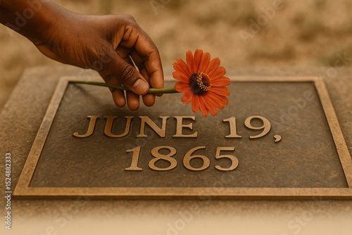 Honoring Juneteenth with a memorial tribute gesture - A hand places a fresh flower on a memorial plaque engraved with the words “June 19, 1865”