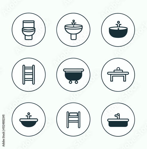 Sanitary fixtures: A series of meticulously crafted line drawings illustrates a variety of essential sanitary fixtures, presenting clean lines and a modern aesthetic.