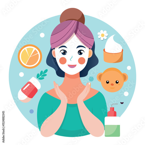 Skincare Routine Woman Applying Facial Mask With Beauty Products and Playful Elements
