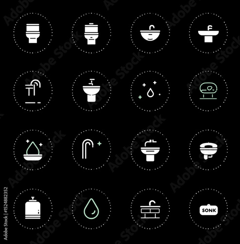 Bathroom fixtures Icon set: A neat collection of bathroom fixtures icons, elegantly arranged against a dark background, perfect for any design that demands precision and modern appeal.