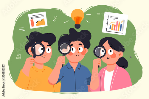 Exploring Innovation: Illustrative design of group with magnifying glass and lightbulb, emphasizing the power of investigation, collaboration, and insightful discovery.