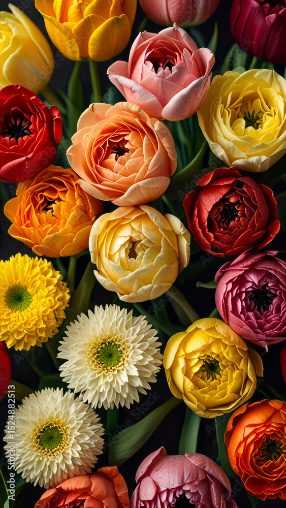 Fototapeta premium Vibrant spring bouquet of tulips and ranunculus