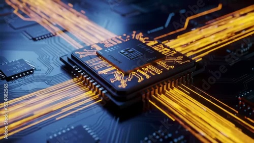 Close-Up View of Microchip and Circuit Board with Light Effects