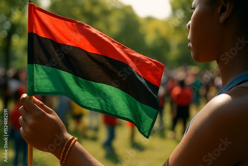 Young Black woman's hands holding a red, black, and green flag during Juneteenth celebration event