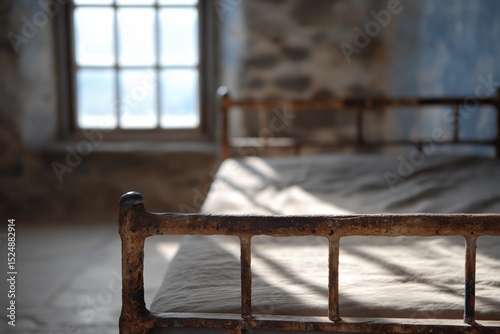 Rustic sunlit room with iron bed and stone wall by window