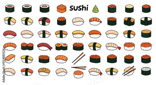 Japanese Sushi Set Illustration – Cartoon Japanese Food Icons, Nigiri, Maki, and Wasabi