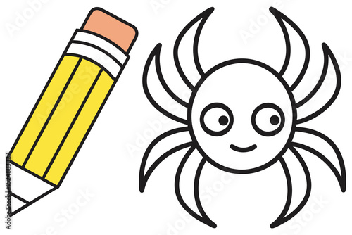 Smiling white cartoon crab and yellow pencil with eraser are displayed clearly