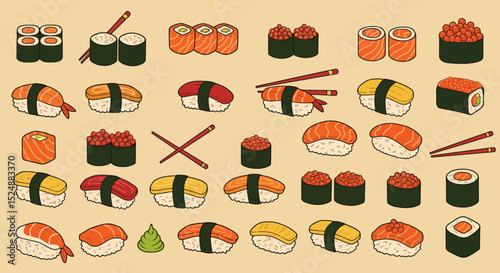 Japanese Sushi Set Illustration – Cartoon Japanese Food Icons, Nigiri, Maki, and Wasabi