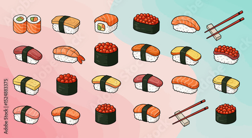 Japanese Sushi Set Illustration – Cartoon Japanese Food Icons, Nigiri, Maki, and Wasabi