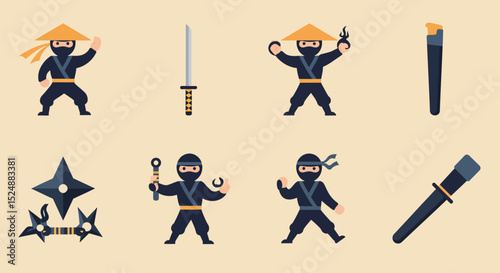 Cartoon Ninja Characters and Weapons – Pixel Art and Retro Japanese Style