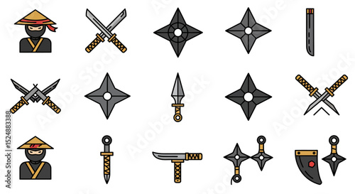 Cartoon Ninja Characters and Weapons – Pixel Art and Retro Japanese Style