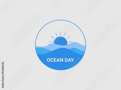 A circular icon featuring stylized blue waves and a rising sun