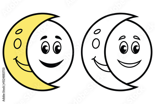 Two cartoon moons smiling, one colored yellow and the other being a black and white outline