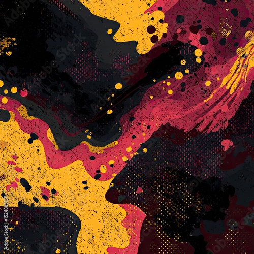 Abstract artwork with swirling dark, mustard, and crimson hues, textured with dots and splatters