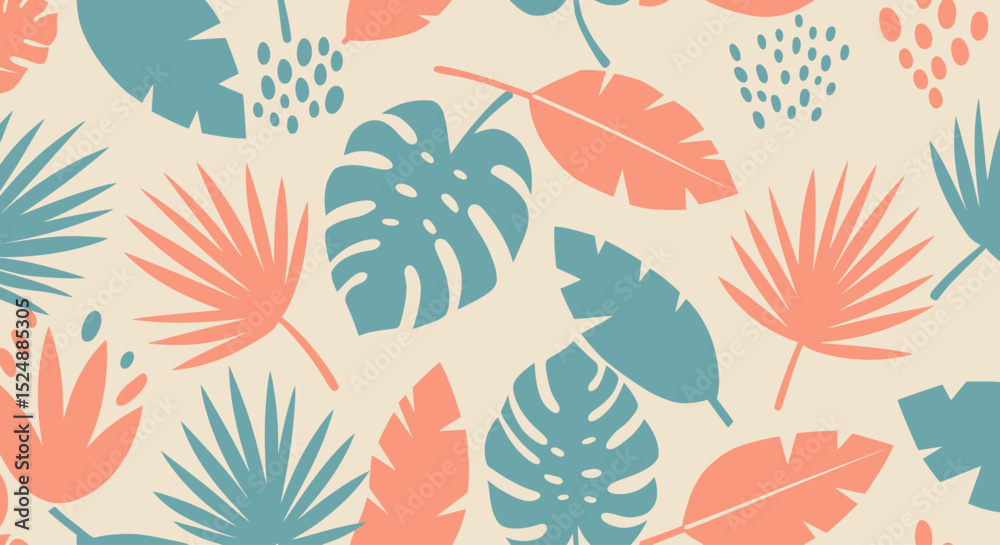 Fototapeta premium Seamless pattern featuring tropical leaves such as monstera and palm, combined with abstract pastel shapes. Perfect for fabric design, wallpaper, wrapping paper, or summer-themed backgrounds
