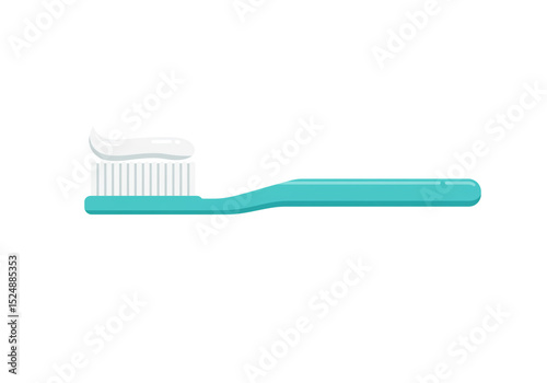 A turquoise toothbrush with white toothpaste on the bristles against a white background in a flat lay view