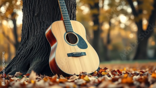 Acoustic guitar leaning against a tree trunk in autumn