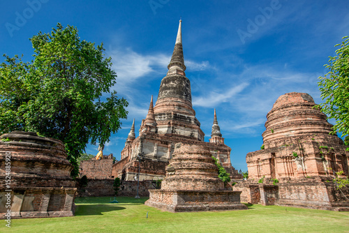 Background of ancient sculptures of the chedi in Wat Yai Chai Mongkol, Ayutthaya, Thailand, which is worth preserving for future generations to study its history.