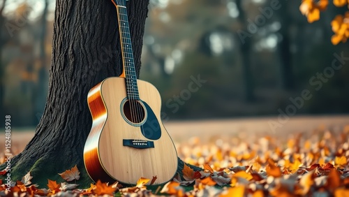 Acoustic guitar leaning against a tree trunk in autumn