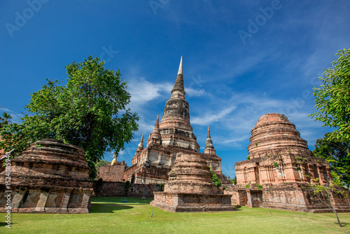Background of ancient sculptures of the chedi in Wat Yai Chai Mongkol, Ayutthaya, Thailand, which is worth preserving for future generations to study its history.
